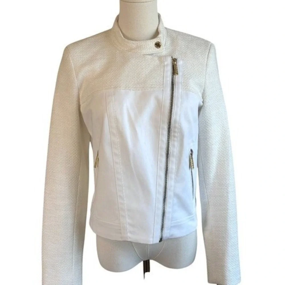 Michael Kors White Moto Jacket Textured Zip Jacket Size 8 Ladylike Biker